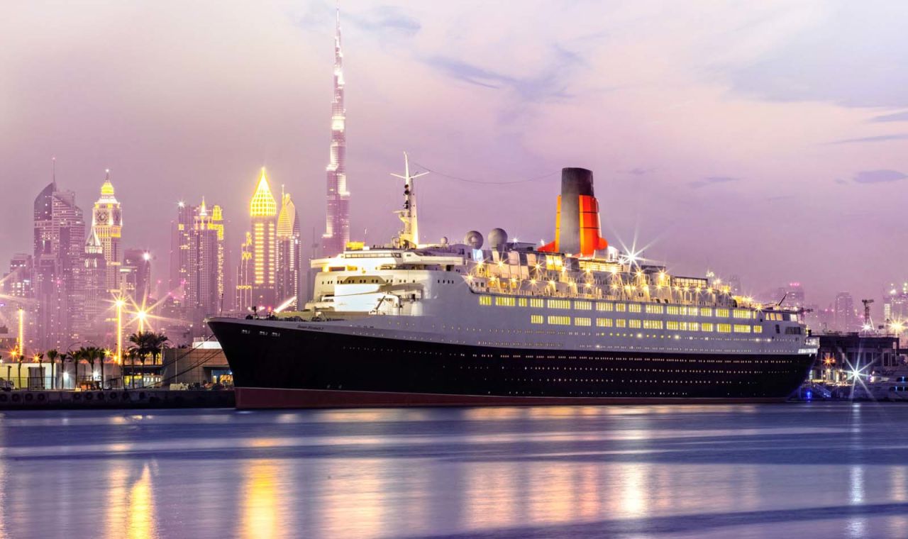 <strong>QE2</strong> -- The hotel on a ship was built in England but remains permanently docked in Dubai's Mina Rashid, a man-made commercial port. Tentative cruise-goers might start with a stay here to see how they fare before embarking on open waters.