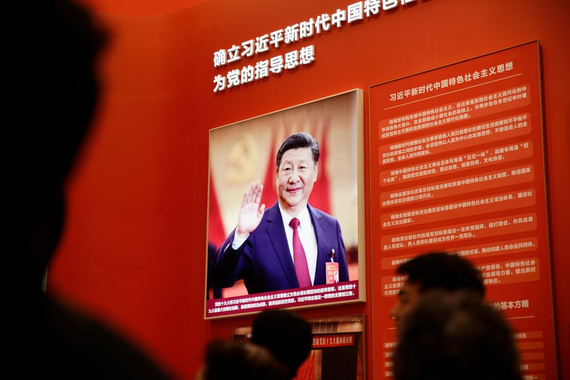 A photo of Chinese President Xi Jinping prominently displayed in the Reform and Opening exhibit in Beijing.