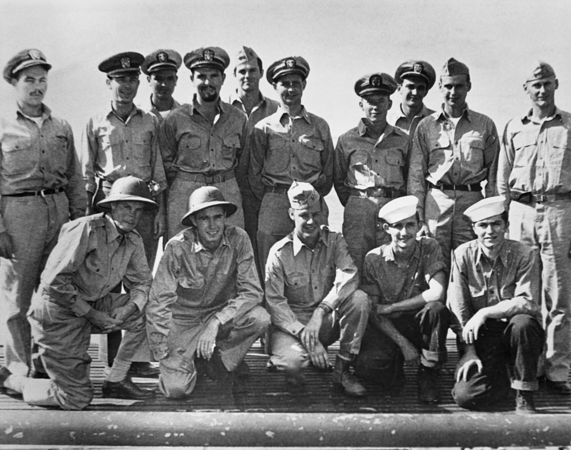 A 1944 portrait of the officers of the USS Finback and some US Navy pilots and crew rescued by the Finback. Kneeling second from the left is Ensign George Bush, whose bomber was shot down by the Japanese near the Bonin Islands. 