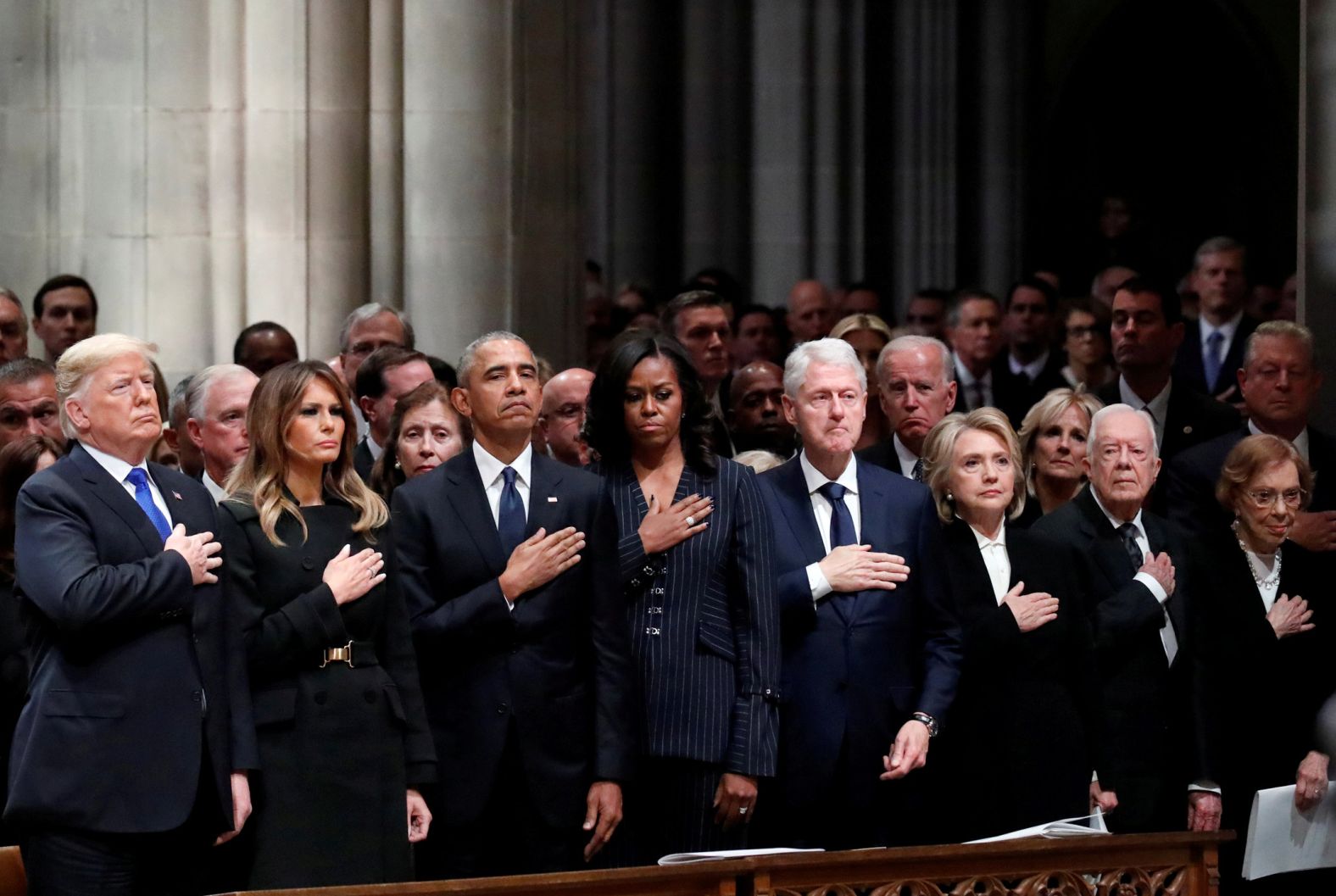 Donald and Melania Trump join former US presidents and their wives at <a href="https://www.cnn.com/2018/12/02/politics/gallery/george-h-w-bush-memorials/index.html" target="_blank">the state funeral of George H.W. Bush</a> in December 2018. In the front row, from left, are the Trumps, Barack and Michelle Obama, Bill and Hillary Clinton, and Jimmy and Rosalynn Carter.