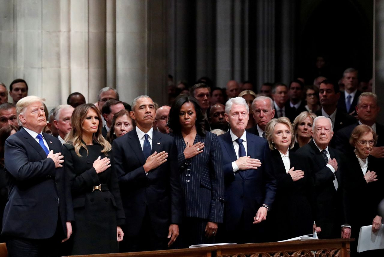 Donald and Melania Trump join former US presidents and their wives at <a href="https://www.cnn.com/2018/12/02/politics/gallery/george-h-w-bush-memorials/index.html" target="_blank">the state funeral of George H.W. Bush</a> in December 2018. In the front row, from left, are the Trumps, Barack and Michelle Obama, Bill and Hillary Clinton, and Jimmy and Rosalynn Carter.