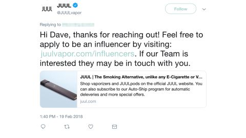 Juul responds to a Twitter user about becoming an influencer.  CNN obscured the name of the user to protect their privacy. 