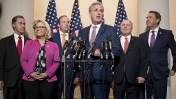 House Majority Leader Kevin McCarthy, a Republican from California, center, speaks as Representative Gary Palmer, a Republican from Alabama, from left, Representative Liz Cheney, a Republican from Wyoming, Representative Jason Smith, a Republican from Missouri, House Majority Whip Steve Scalise, a Republican from Louisiana, and Representative Mark Walker, a Republican from North Carolina, listen during a news conference after a GOP leadership election on Capitol Hill in Washington, D.C., U.S., on Wednesday, Nov. 14, 2018. House Republicans elected McCarthy as their leader next year, with Scalise and Cheney filling two other top party leadership posts as the GOP retreats to minority status in the chamber. Photographer: Andrew Harrer/Bloomberg via Getty Images