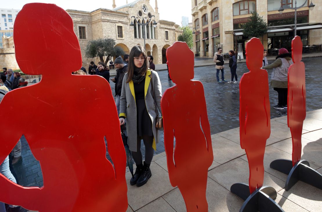 Figures representing women killed by male relatives in Lebanon during a rally organized by the women's rights group KAFA this January.
