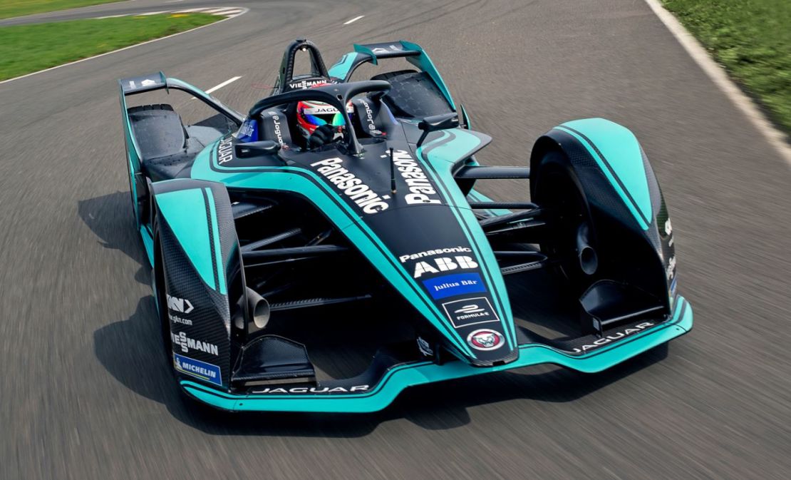 Nelson Piquet Jr. driving the new Jaguar Formula E car.