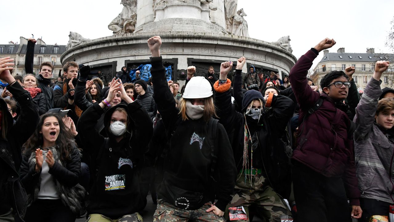 High school students demonstrate Friday at the Place de la Republique in Paris over education reforms.