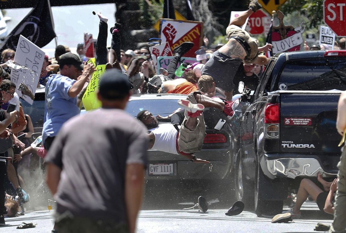 Pedestrians fly into the air after James Fields drives into a crowd of people protesting against the "Unite the Right" white nationalist rally in August 2017.