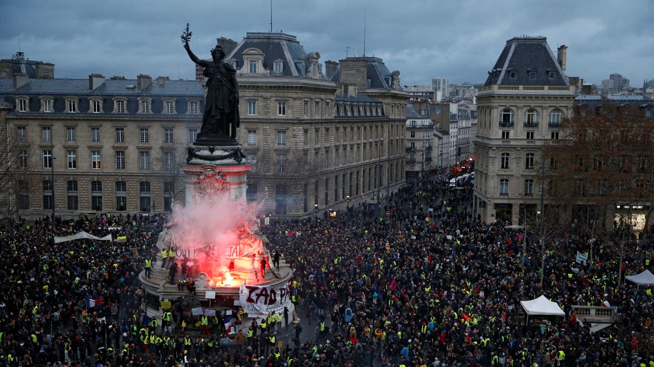 Protesters gather in the Place de la République on December 8.