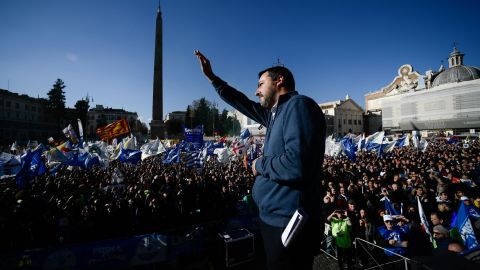 Matteo Salvini waves to around 50,000 supporters at the Rome rally.