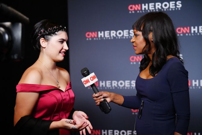 CNN reporter Athena Jones interviews 2018 Top 10 CNN Hero Maria Rose Belding on the red carpet. Belding launched MEANS, a free online platform that connects businesses with extra food to charities that feed the hungry.