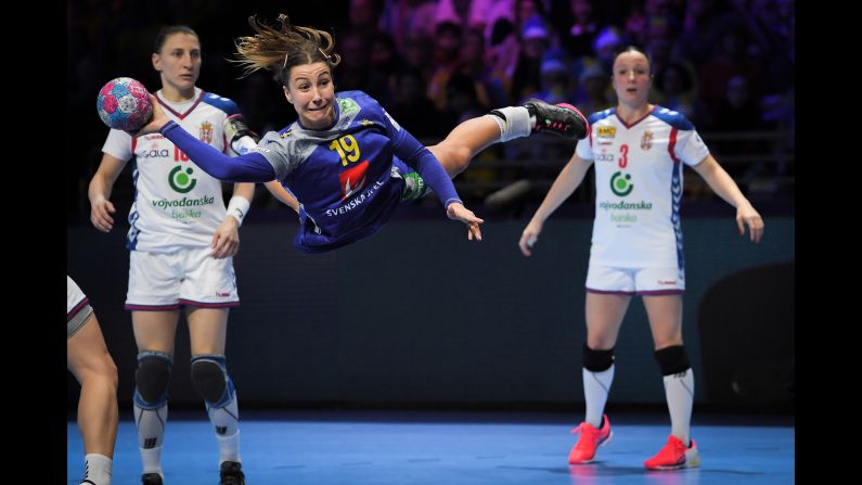 Sweden's Anna Lagerquist jumps to shoot during a European Women's Handball Championship match between Sweden and Serbia, on Sunday, December 2 in Nantes, France. 