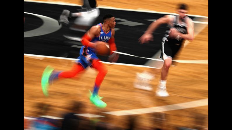 Russell Westbrook of the Oklahoma City Thunder drives against the Brooklyn Nets during their game on Wednesday, December 5 in New York.