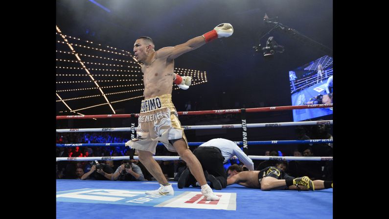Teofimo Lopez celebrates after knocking out Mason Menard in the first round of lightweight boxing match at Madison Square Garden on Saturday, December 8 in New York.