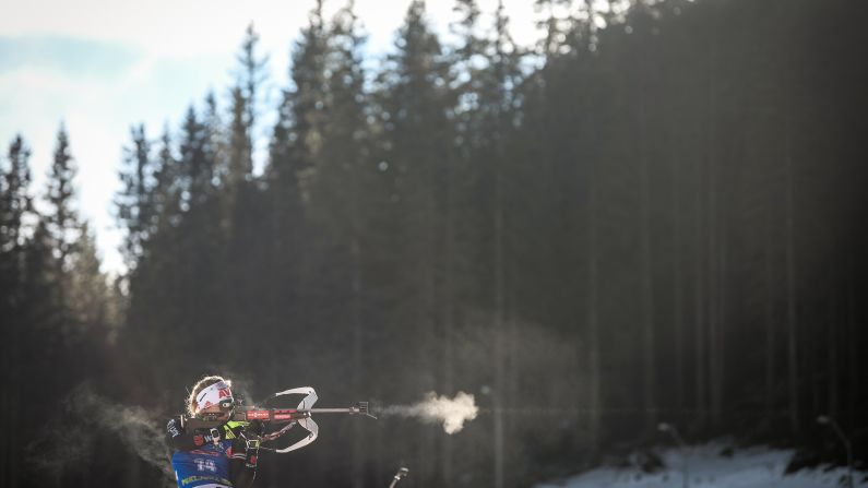Germany's Nadine Horchler shoots during the zeroing session prior to an International Biathlon Union World Cup competition in Pokljuka, Slovenia on Thursday, December 6.