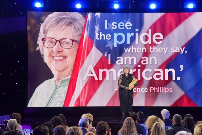 Top 10 CNN Hero Florence Phillips accepts her award onstage. Phillips, 88, is the founder and director of the ESL In-Home Program in Carson City, Nevada.