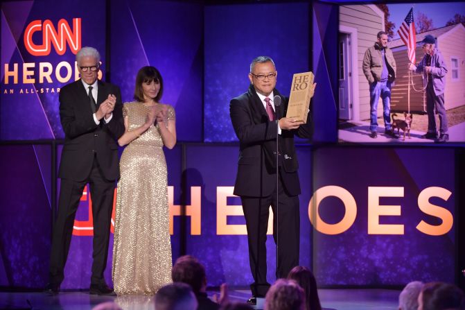 Top 10 CNN Hero Dr. Ricardo Pun-Chong accepts his award onstage during the 12th Annual CNN Heroes: An All-Star Tribute ceremony. Dr. Pun-Chong's nonprofit Inspira has provided free housing, meals, and overall support for sick children and their families as they receive treatment.