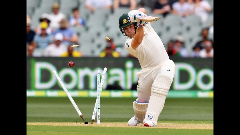 Aaron Finch of Australia is bowled by Ishant Sharma of India during day two of the first Test match on Friday, December 7 in Adelaide, Australia. 