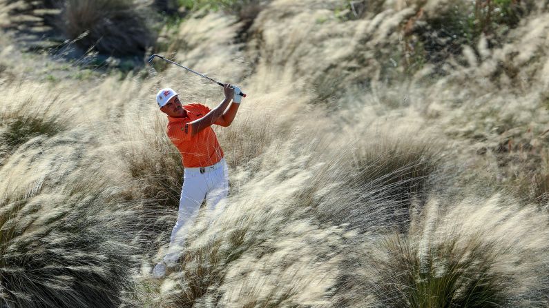 Rickie Fowler of the United States plays his second shot on the third hole during the final round of the 2018 Hero World Challenge on Sunday, December 2 in Nassau, Bahamas. 