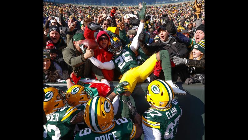 Green Bay Packers' Bashaud Breeland celebrates his interception that he returned for a touchdown against the Atlanta Falcons on Sunday, December 9.