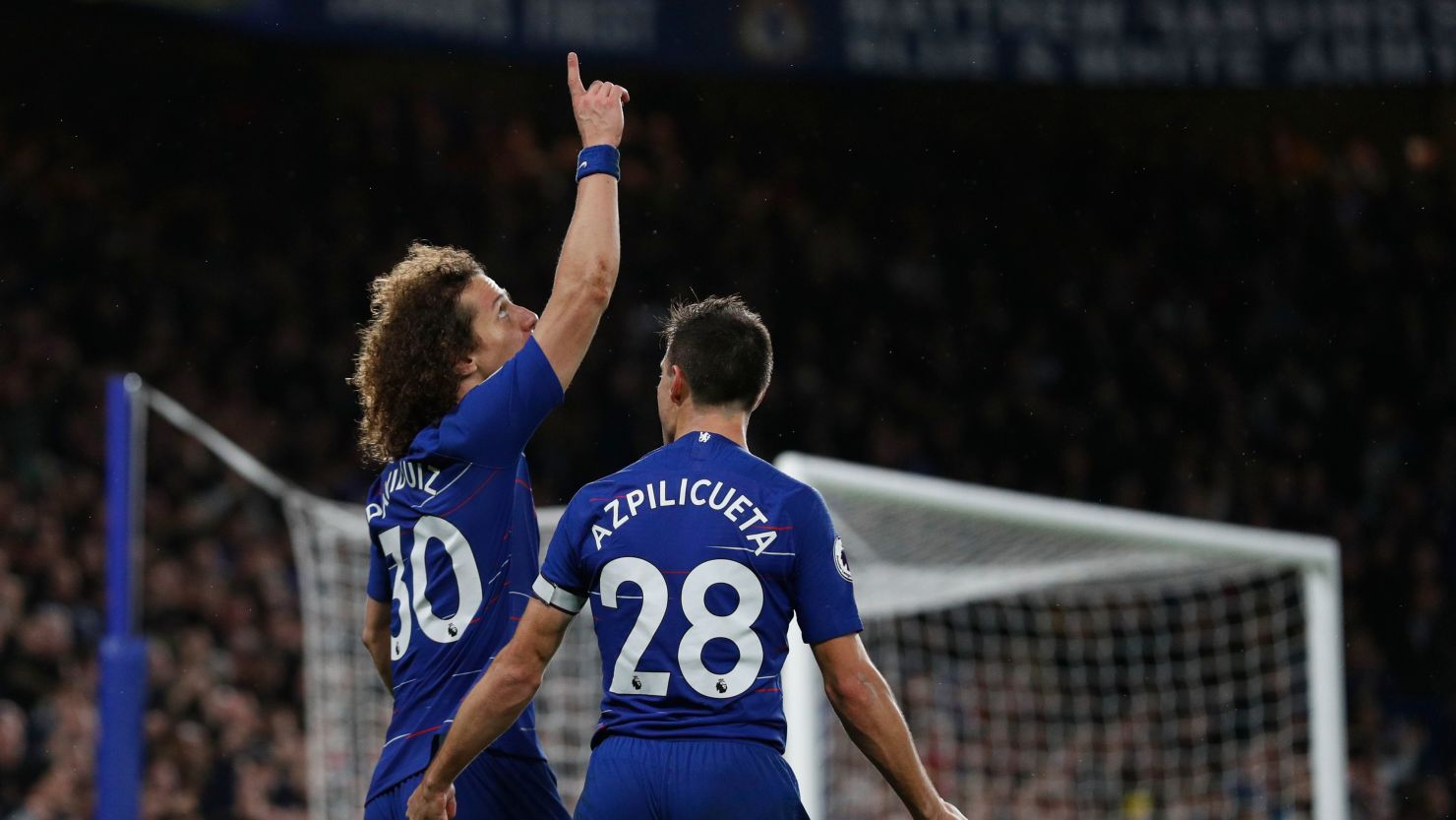 Chelsea's Brazilian defender David Luiz celebrates after scoring his team's second goal against Manchester City.