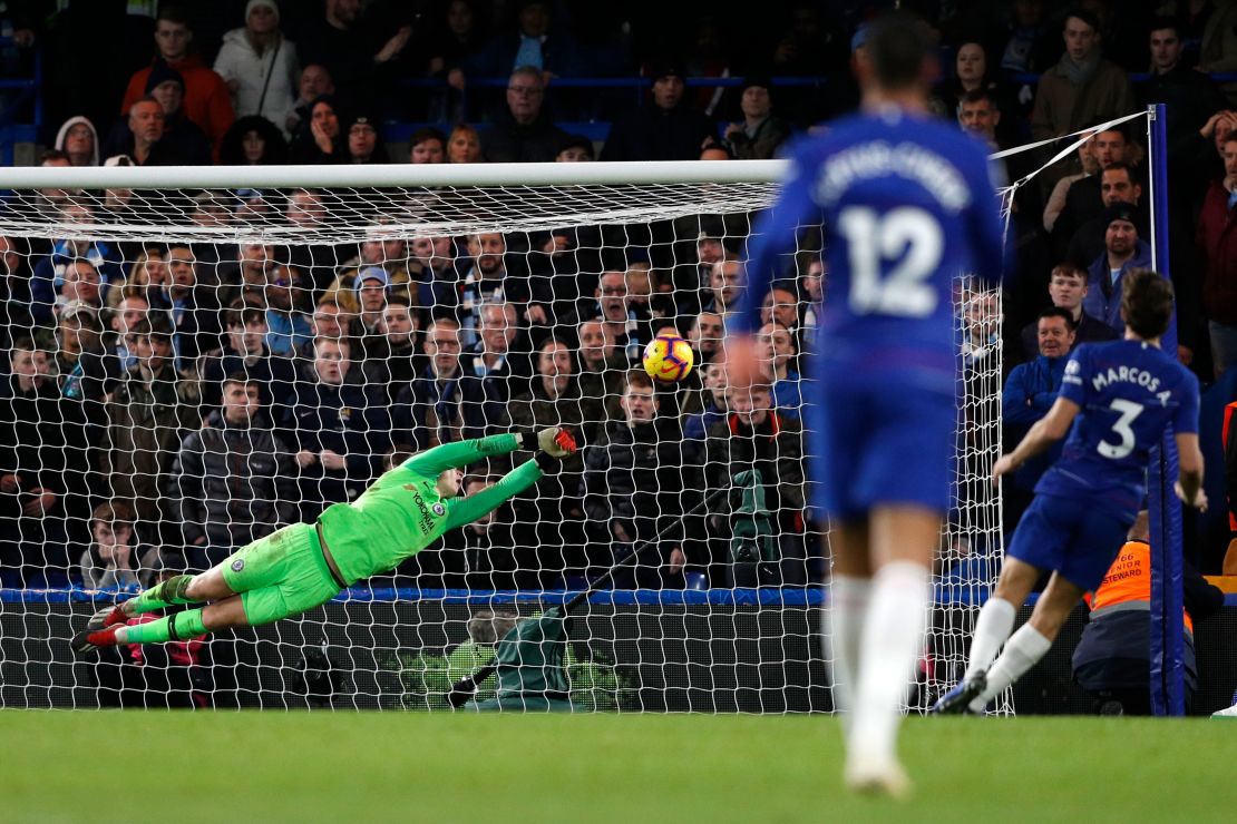 Chelsea keeper Kepa Arrizabalaga blocks a shot.