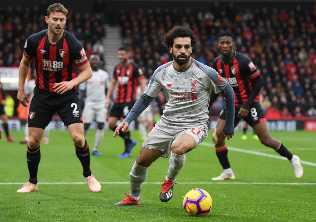 Mohamed Salah of Liverpool in action against AFC Bournemouth at Vitality Stadium.