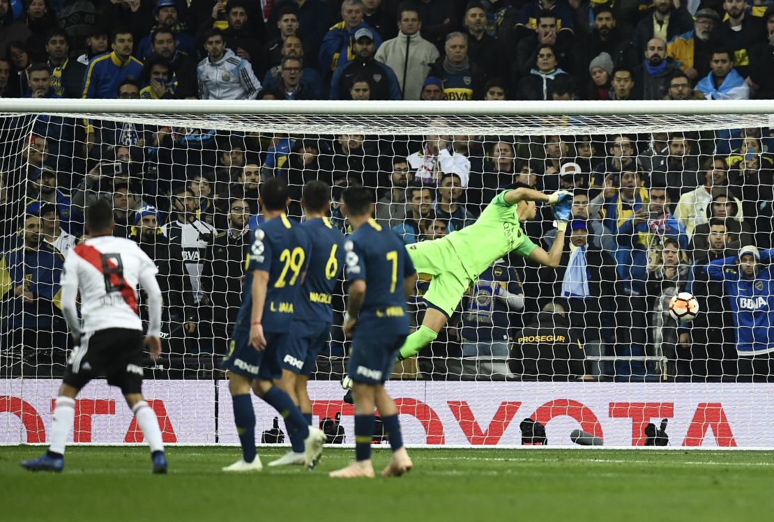 River Plate's Juan Fernando Quintero scores during injury time to break the deadlock.