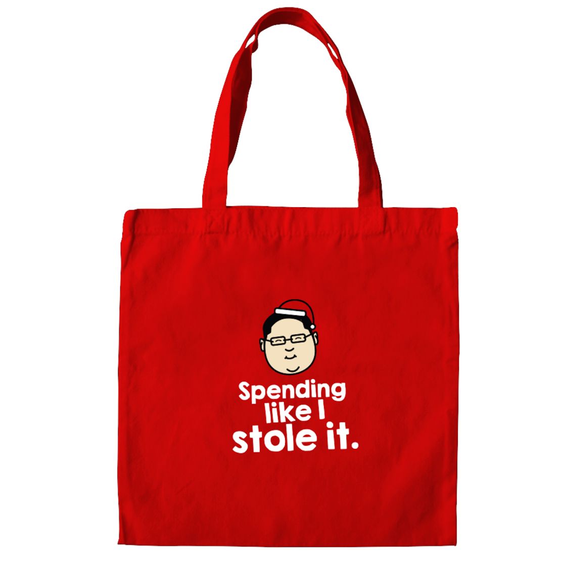 Detail of a tote bag, showing a caricature of Jho Low, the on-the-run financier accused of embezzling billions of dollars from Malaysia's sovereign wealth fund.
