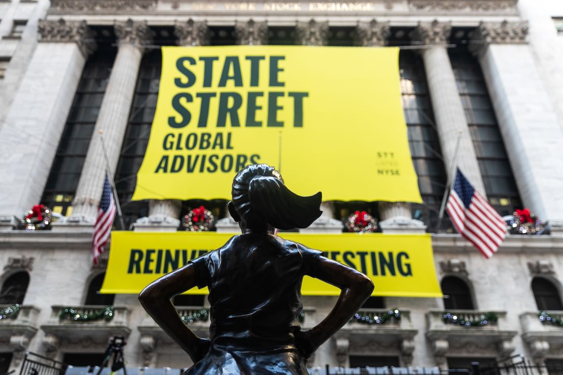 The "Fearless Girl" in her new spot facing the New York Stock Exchange. Jeenah Moon/Bloomberg via Getty Images