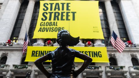 The "Fearless Girl" in her new spot facing the New York Stock Exchange. Jeenah Moon/Bloomberg via Getty Images