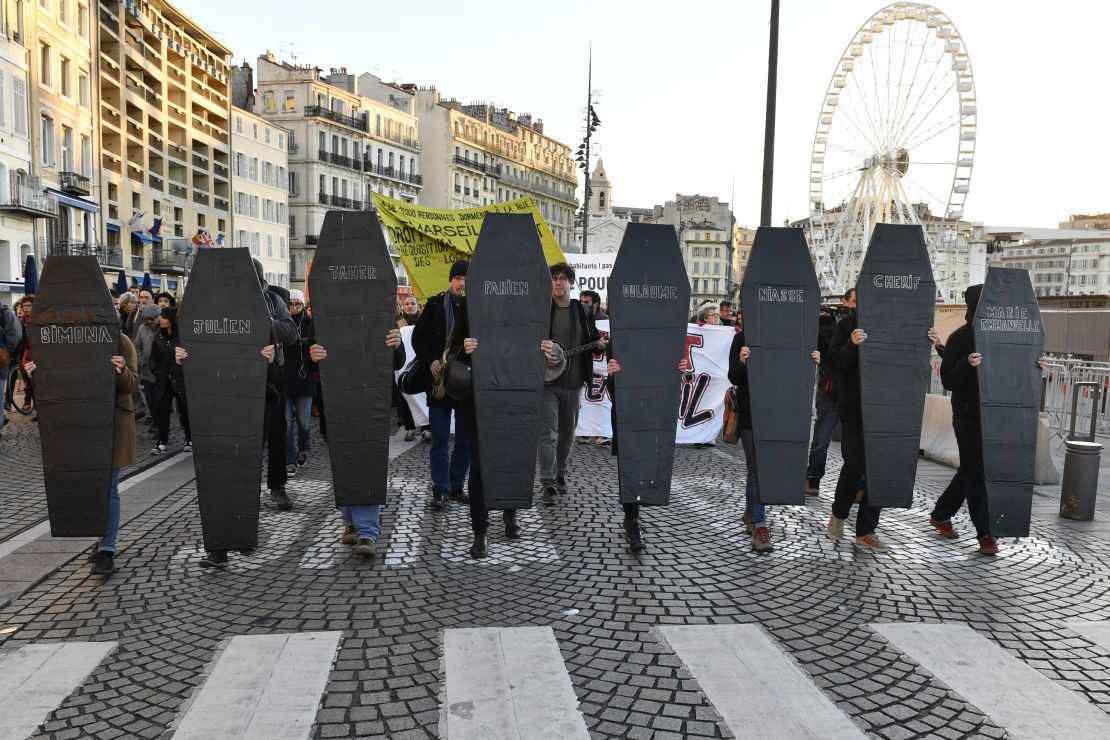 Demonstrators turn out in Marseille on Monday to protest against unsafe and unsanitary housing.
