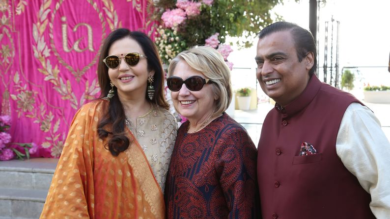 Nita Ambani, Hillary Clinton and Mukesh Ambani. The bride's father Mukesh Ambani, chair of the multinational conglomerate Reliance Industries, is worth more than $47 billion, according to <a href="index.php?page=&url=https%3A%2F%2Fwww.forbes.com%2Findia-billionaires%2Flist%2F" target="_blank" target="_blank">Forbes</a>.