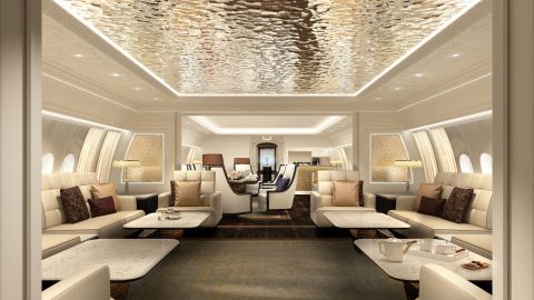 A rendering of the cabin in Boeing's newest business jet, capable of connecting New York with Perth.