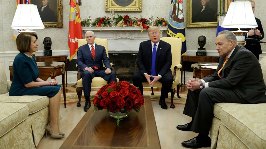 President Donald Trump and Vice President Mike Pence, meet with Senate Minority Leader Chuck Schumer, D-N.Y., and House Minority Leader Nancy Pelosi, D-Calif., in the Oval Office of the White House, Tuesday, Dec. 11, 2018, in Washington. (AP Photo/Evan Vucci)
