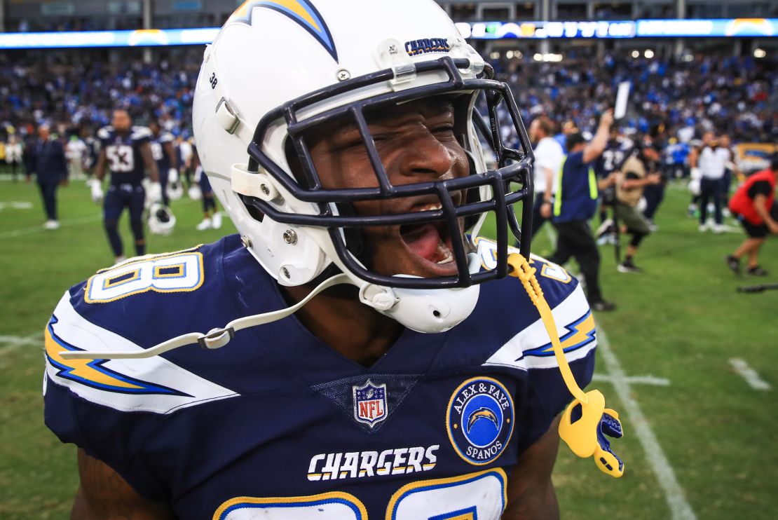 Running back Detrez Newsome of the Los Angeles Chargers reacts after a 26-21 win over the Cincinnati Bengals on December 9, 2018 in Carson, California. Los Angeles has won nine of their last 10. 