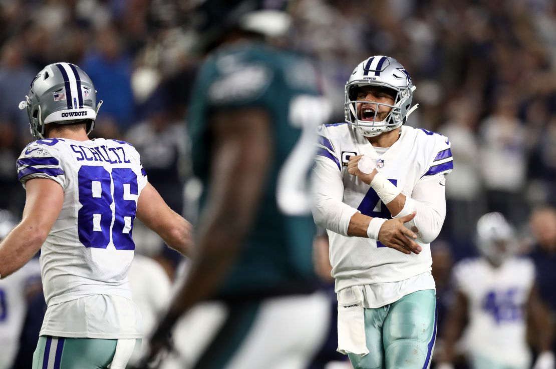 Dak Prescott celebrates a touchdown pass against the Philadelphia Eagles. The Cowboys have a two-game lead in the NFC East. 