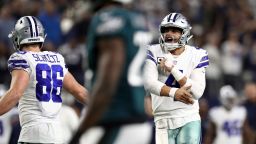 Dak Prescott celebrates a touchdown pass against the Philadelphia Eagles. The Cowboys have a two-game lead in the NFC East. 