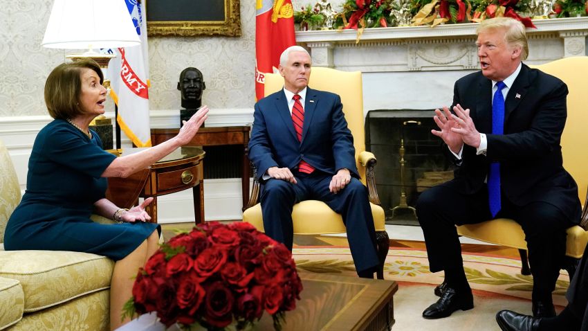 U.S. House Speaker designate Nancy Pelosi (D-CA) speaks with Vice President Mike Pence and U.S. President Donald Trump as they meet with her and Senate Minority Leader Chuck Schumer (D-NY) in the Oval Office at the White House in Washington, U.S., December 11, 2018. REUTERS/Kevin Lamarque