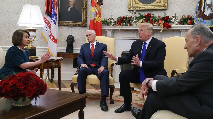 WASHINGTON, DC - DECEMBER 11: U.S. President Donald Trump (2R) argues about border security with Senate Minority Leader Chuck Schumer (D-NY) (R) and House Minority Leader Nancy Pelosi (D-CA) as Vice President Mike Pence sits nearby in the Oval Office on December 11, 2018 in Washington, DC. (Photo by Mark Wilson/Getty Images)