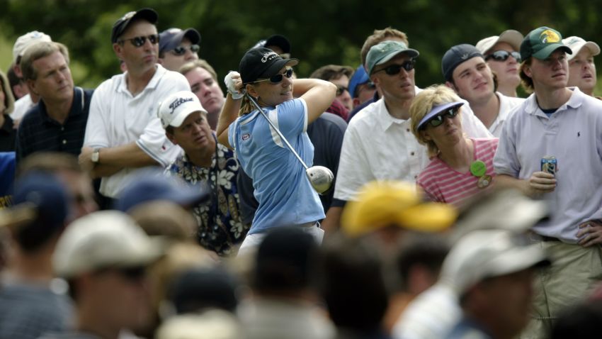 Annika Sorenstam hits a shot during the second round of the Bank of America Colonial on May 23, 2003 at the Colonial Country Club in Ft. Worth, Texas.
