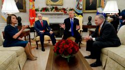 President Donald Trump and Vice President Mike Pence meet with Senate Minority Leader Chuck Schumer, D-N.Y., and House Minority Leader  Nancy Pelosi, D-Calif., in the Oval Office of the White House, Tuesday, Dec. 11, 2018, in Washington. (AP Photo/Evan Vucci)