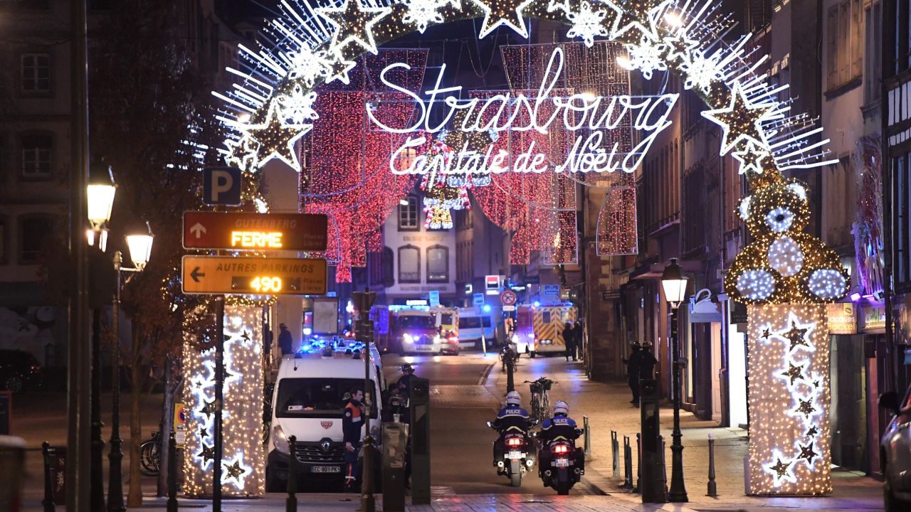 Police motorcycles drives in the streets of Strasbourg, eastern France, after a shooting breakout, on December 11, 2018. - One person has been killed and ten people injured in a shooting today near a Christmas market in the eastern French city of Strasbourg, police said, adding that the suspected gunman was on the run. (Photo by Frederick FLORIN / AFP)        (Photo credit should read FREDERICK FLORIN/AFP/Getty Images)