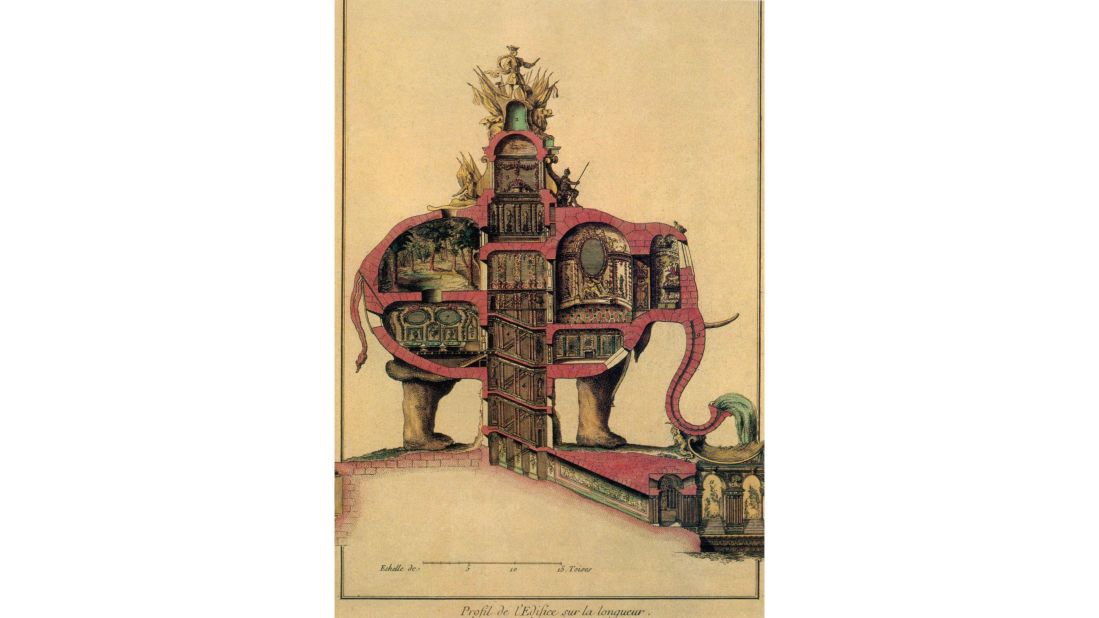 Designed by Charles Ribart in 1758, the "elephant house" design featured three stories inside the structure.