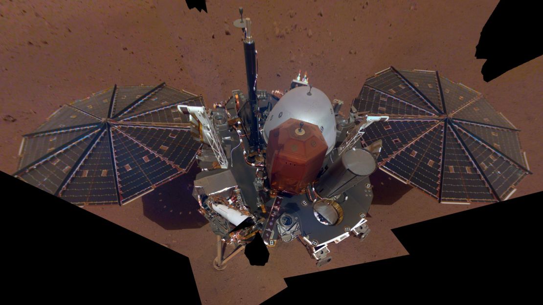 This is NASA InSight's first selfie on Mars. It displays the lander's solar panels and deck.