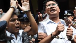 (COMBO) This combo shows journalists Kyaw Soe Oo (L) and Wa Lone (R) being escorted by police after their sentencing by a court to jail in Yangon on September 3, 2018. - Two Reuters journalists were jailed on September 3 for seven years for breaching Myanmar's official secrets act during their reporting of the Rohingya crisis, a judge said, a case that has drawn outrage as an attack on media freedom. (Photo by Ye Aung THU / AFP)        (Photo credit should read YE AUNG THU/AFP/Getty Images)