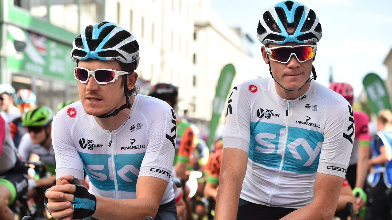 Britain's Geraint Thomas (L) and Chris Froome (R) riding for Team Sky.