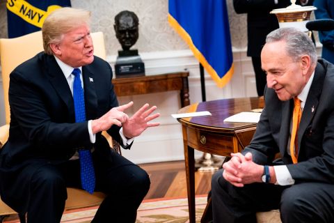 Trump was constantly leaning forward, sitting at the edge of his seat and using his hands to gesticulate and interrupt. He leaned toward both Pelosi and Schumer, but he seemed to spend most of the time leaning very directly at Schumer, who, for the most part, looked not at Trump, but at Pelosi. In this image, Trump's hands are helping him make a point, while Schumer's are clenched.