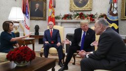 WASHINGTON, DC - DECEMBER 11: U.S. President Donald Trump (2R) talks about border security with Senate Minority Leader Chuck Schumer (D-NY) (R) and House Minority Leader Nancy Pelosi (D-CA) as Vice President Mike Pence sits nearby in the Oval Office on December 11, 2018 in Washington, DC. (Photo by Mark Wilson/Getty Images)