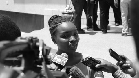 Rebeca Gyumi speaks to reporters after opening the case to challenge the Law of Marriage Act in 2016.