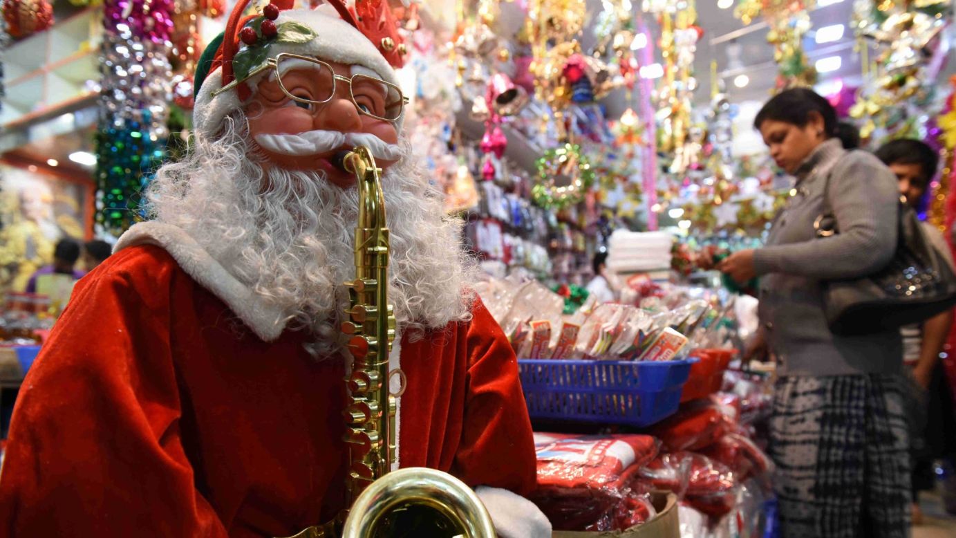 <strong>India:</strong> It's Saxophone Santa in Navi Mumbai (formerly known as New Bombay). Christians make up only 2.3% of India's population, but that's still about 28 million followers. You'll find Santas and other secular items in shops, while you're likely to find poinsettias in churches. 